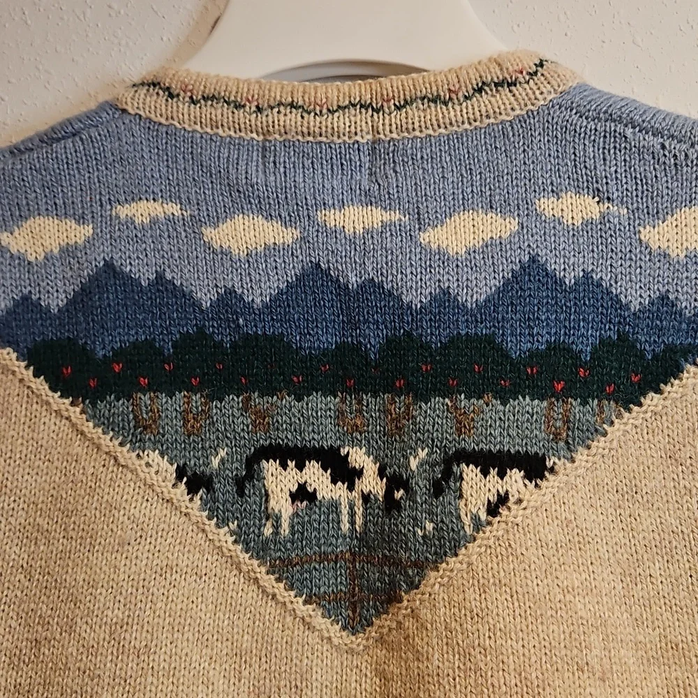 Vintage Orvis 100% Shetland Wool Button Down Vest Cows Pasture Farm Scene Sz M - Picture 4 of 5